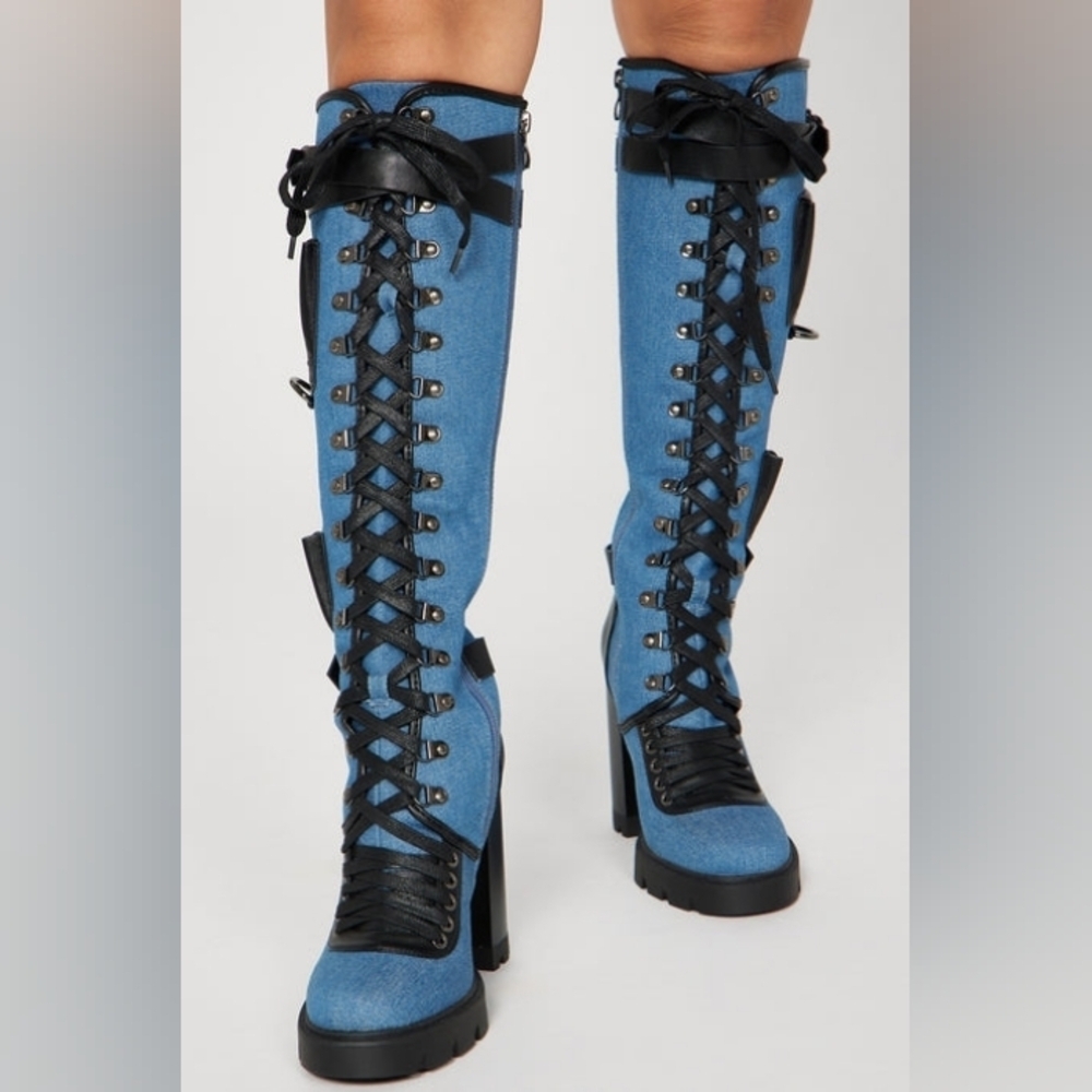 LAMODA "The Dark Side Of The Clouds" Denim and Black Lace-Up Pocket Boots - Picture 3 of 5